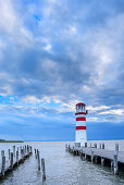 Lighthouse and piers, Podersdorf, lake Neusiedl, National Park lake Neusiedl, UNESCO World Heritage Site Fertö / Neusiedlersee Cultural Landscape, Burgenland, Austria