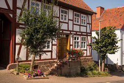 Idyllically restored half-timbered house., Carlsdorf, Hofgeismar, Hesse, Germany, Europe