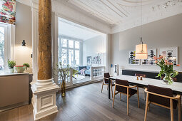 kitchen and living area in a modern furnished Art Nouveau apartment in Hamburg, north Germany, Europe