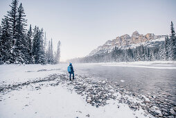 Man standing at Bow River, castle junction, Banff Town, Bow Valley, Banff National Park, Alberta, canada, north america