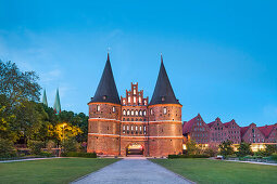 Illuminated Holstentor, Luebeck, Baltic coast, Schleswig-Holstein, Germany