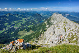 View towards Soellland, lake Hintersteiner See, valley Inntal and Kaiser range, from Sonneck, Kaiser range, Tyrol, Austria