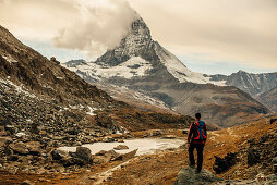 Mann steht vor dem Matterhorn, Wallis, Schweiz, Europa