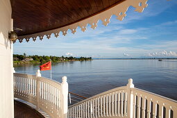 Deck railing of Ayeyarwady (Irrawaddy) river cruise ship Anawrahta (Heritage Line), near Kyunttaw, Kachin, Myanmar
