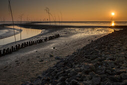 Priel im Nationalpark Wattenmeer bei Sonnenuntergang, Nordsee, Wremen, Land Wursten, Cuxhaven, Niedersachsen, Deutschland