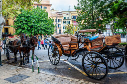 Horse carriage in the old town of Palma, historic city centre, Ciutat Antiga, Palma de Mallorca, Majorca, Balearic Islands, Mediterranean Sea, Spain, Europe