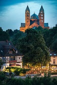 UNESCO World Heritage Speyer Cathedral, View across the river Rhine towards Speyer at dusk, Rhineland-Palatinate, Germany