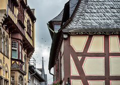 UNESCO Welterbe Oberes Mittelrheintal, Fachwerk in Altstadt von Bacharach, Rhein, Rheinland-Pfalz, Deutschland