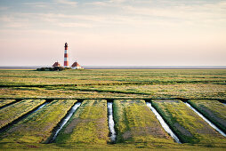UNESCO World Heritage the Wadden Sea, Westerheversand lighthouse surrounded by salt meadows, Westerhever, Schleswig-Holstein, Germany, North Sea