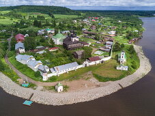 Aerial of city with churches, Goritsy, Sheksna river, Russia