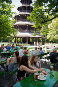 The beer garden at the Chinese Tower in the English Garden, Munich, Bavaria