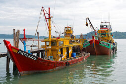 Fischkutter werden an einer Fischfabrik auf Pangor Island, Malaysia, entladen.