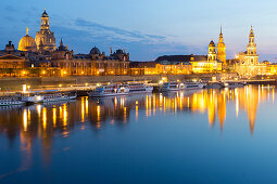 panorama view, skyline, twilight, dawn, view over the river Elbe to Brühl's Terrace, Canaletto-view, chathedral, Catholic Court Church, Royal Palace,  steamboat, steamer, Dresden, Saxony, Germany, Europe