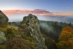 Morning mist, Bruchhauser Steine, near Olsberg, Rothaarsteig hiking trail, Rothaar mountains, Sauerland, North Rhine-Westphalia, Germany