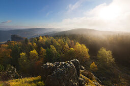 Morning mist, Bruchhauser Steine, near Olsberg, Rothaarsteig hiking trail, Rothaar mountains, Sauerland, North Rhine-Westphalia, Germany