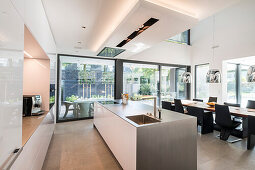 kitchen and eating area of a modern architecture house in the Bauhaus style, Oberhausen, Nordrhein-Westfalen, Germany