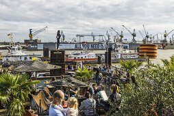 Beach Club Strand Pauli, at the jetties in the Port of Hamburg, St Pauli district, Hamburg, Germany