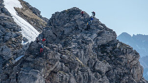 Germany, Bavaria, Alps, Oberallgaeu, Oberstdorf, Excursion, Climbing, Via Ferrata, Mountain Hike towards summit cross, Climbing tour, Summer Holidays, Summit Cross