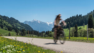 Germany, Bavaria, Alps, Oberallgaeu, Oberstdorf, Rohrmoos, Summer landscape, Summer holidays, Mountain biking in the mountains, Mountain panorama in the background