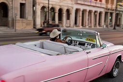 Oldtimer, Cabriolet, rosa, Taxi, alter amerikanischer Straßenkreuzer, Straßenszene, am Malecon, Habana Vieja, Habana Centro, Altstadt, Zentrum, Familienreise nach Kuba, Havanna, Republik Kuba, karibische Insel, Karibik