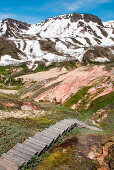 View of the Valley of Geysers (UNESCO World Heritage Site) with a boardwalk in the foreground, near Petropavlovsk-Kamchatsky, Kamchatka, Russia, Asia