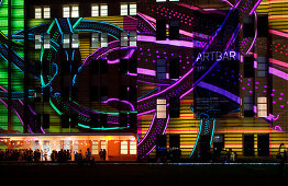 The lit-up Museum of Contemporary Art at Circular Quay during the Vivid Festival, Sydney, New South Wales, Australia