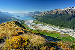 View to Dart River Valley and Lake Wakatipu, from Mount Alfred, Fiordland National Park, UNESCO Welterbe Te Wahipounamu, Queenstown-Lake District, Otago, South island, New Zealand