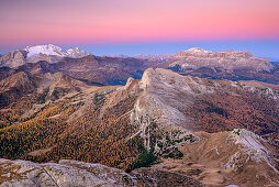 Marmolada and Sella range with Setsass in foreground at dawn, from Lagazuoi, Dolomites, UNESCO World Heritage Site Dolomites, Venetia, Italy