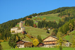 Castel and farmhouses in Sarnthein, valley of Sarntal, Sarntal Alps, South Tyrol, Italy
