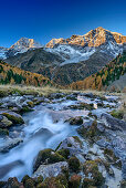 River with Koenigsspitze, Zebru and Ortler in background, Sulden, Ortler group, South Tyrol, Italy