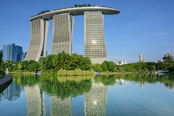 Marina Bay Sands reflecting in lake at Garden of the Bay, Marina Bay, Singapore