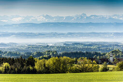 Ausblick vom Höchsten über Bodensee mit Schweizer Alpen, Linzgau, Bodensee, Oberschwaben, Baden-Württemberg, Deutschland