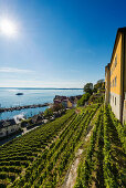 View of the lower town with harbour and Lake Constance, Meersburg, Lake Constance, Baden-Württemberg, Germany