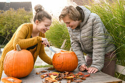 Children with pumpkin on Halloween, Hamburg, Germany