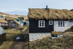 Traditionel houses with  thatched roof, Mykines island, Faroe Islands, Denmark