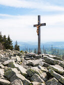Summit cross and granite blocks on Lusen mountain, Bavarian Forest National Park, Bavaria, Germany, Europe