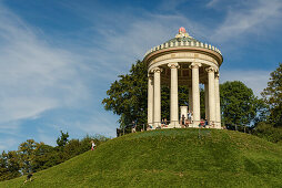 kids playing and visitors at the Monopteros in the Englischer Garten, Munich, Upper Bavaria, Germany