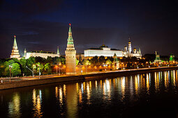 RUSSIA, Moscow. View of the Moscow River and buildings at night.