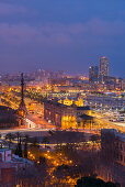 City View from the Montjuic, Barcelona, Catalonia, Spain, Twilight, Columbus Statue