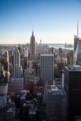 Top of the Rock view to the Empire State Building, ONE World Trade Center, Times Square and Liberty Island, Rockefeller Center, Manhattan, NYC, New York City, United States of America, USA, North America