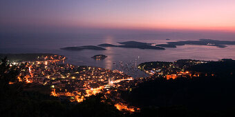 Panoramic view to Hvar and small islands from view point  at sunset , Croatia