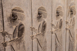 Persische Wachen auf der Apadana-Treppe in Persepolis, Iran, Asien