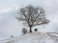 A couple on the hill in front of the Mesnerhauskapelle in winter, Aidling, Upper Bavaria, Germany