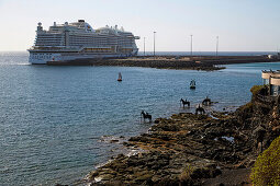 Cruiser and sculpture of horses, Arrecife, Castillo de San José, Atlantic Ocean, Lanzarote, Canary Islands, Islas Canarias, Spain, Europe