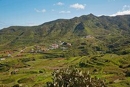 Blick über üppiges Grün auf Las Portelas, Teno Gebirge, Teneriffa, Kanaren, Kanarische Inseln, Islas Canarias, Atlantik, Spanien, Europa