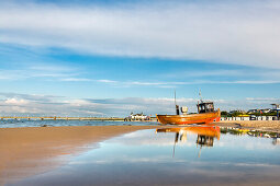 Fishing boat in front of pier, Ahlbeck, Usedom island, Mecklenburg-Western Pomerania, Germany