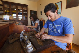 worker forming a cigar, man, manufacture of cigars, cigars, Brena Alta, UNESCO Biosphere Reserve, La Palma, Canary Islands, Spain, Europe
