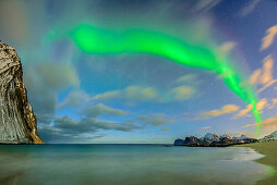Beach with polar lights and stary sky, northern lights, aurora borealis, Lofoten, Nordland, Norway