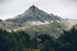 Bergsteiger passiert Latschenfeld mit Gipfel im Hintergrund, E5, Alpenüberquerung, 2. Etappe, Lechtal, Holzgau, Tirol, Österreich, Kemptner Hütte zur Memminger Hütte