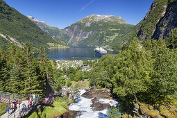 View from waterfall Storfossen over fjord Geirangerfjord and mountain Eidshornet, Geiranger, More and Romsdal, Fjord norway, Southern norway, Norway, Scandinavia, Northern Europe, Europe